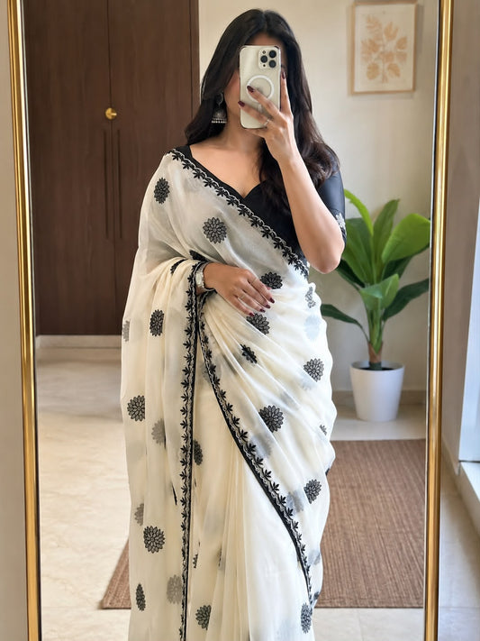 Georgette Embroidered Work Saree With Contrast Blouse