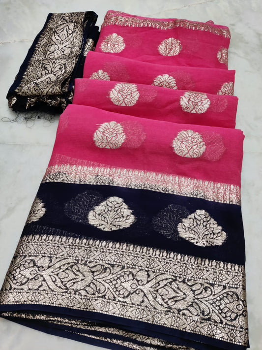 Georgette Jaipuri Die with Rose Zari Weave Saree & Contrast Zari Blouse