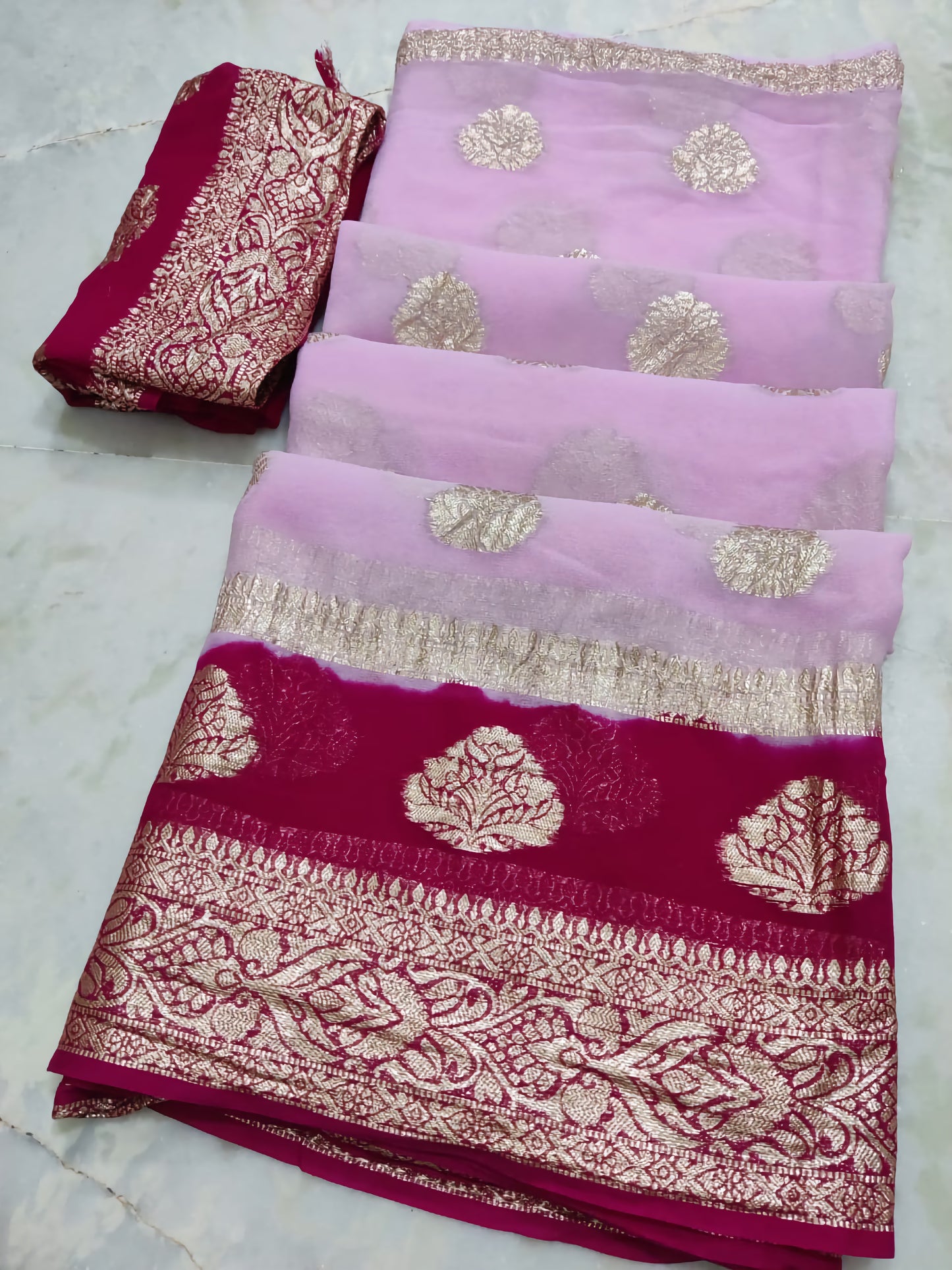 Georgette Jaipuri Die with Rose Zari Weave Saree & Contrast Zari Blouse