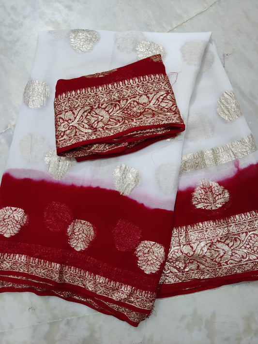 Georgette Jaipuri Saree with Rose Zari Weave and Contrasting Blouse