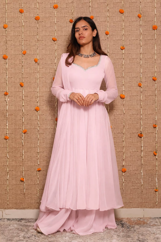 Georgette Mirror Lace Gown Palazzo Dupatta Set – Fully Stitched