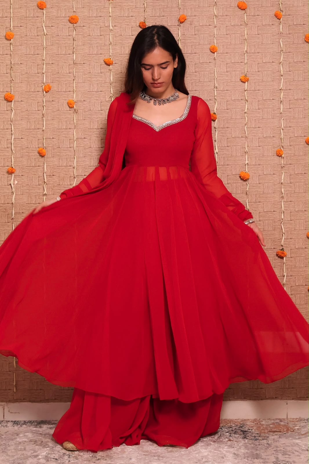 Georgette Mirror Lace Gown Palazzo Dupatta Set – Fully Stitched