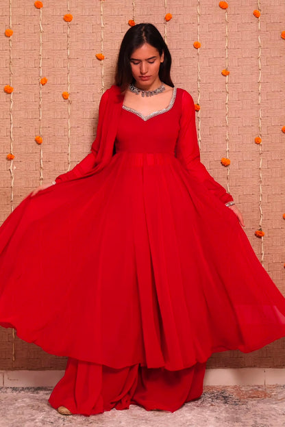 Georgette Mirror Lace Gown Palazzo Dupatta Set – Fully Stitched
