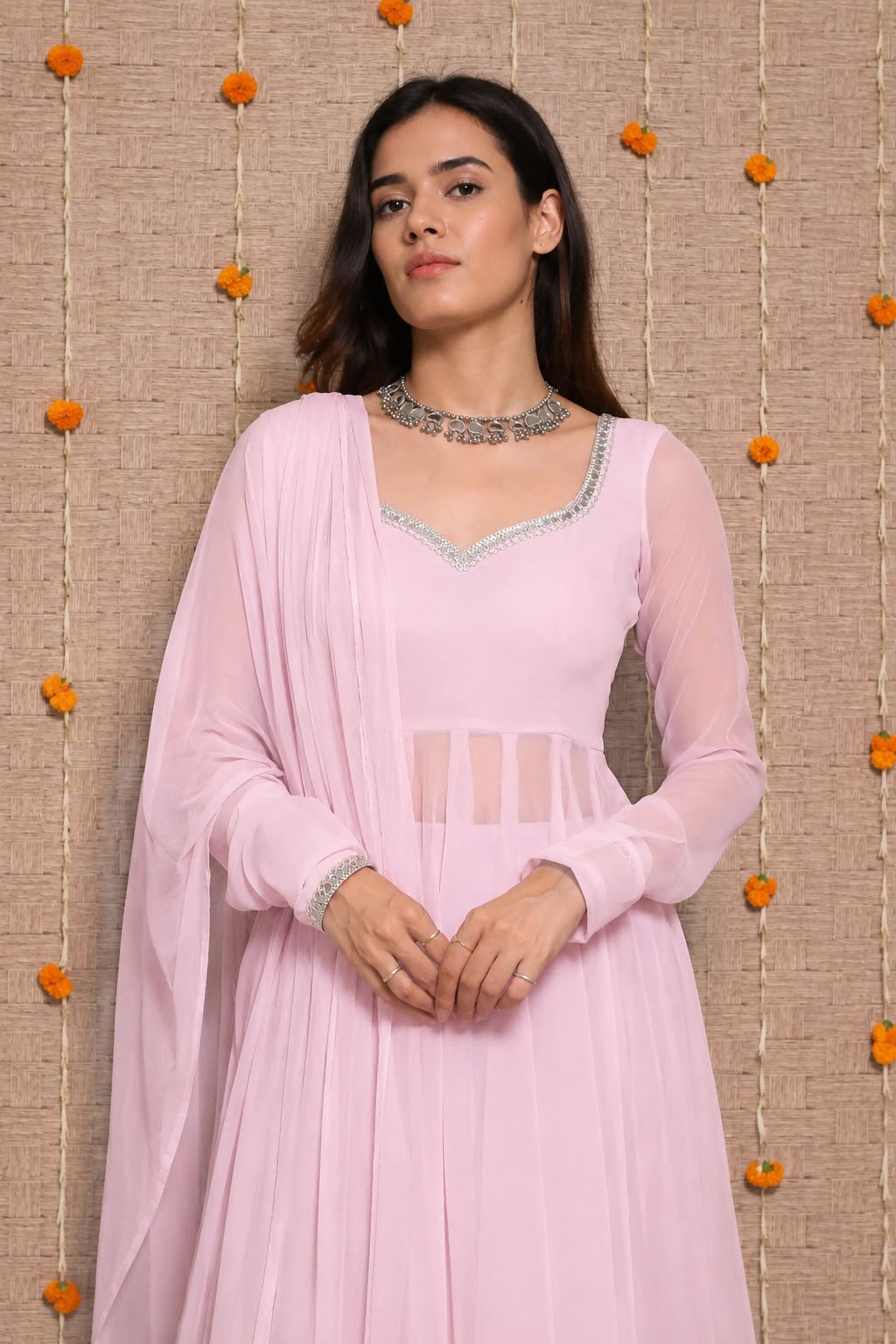 Georgette Mirror Lace Gown Palazzo Dupatta Set – Fully Stitched