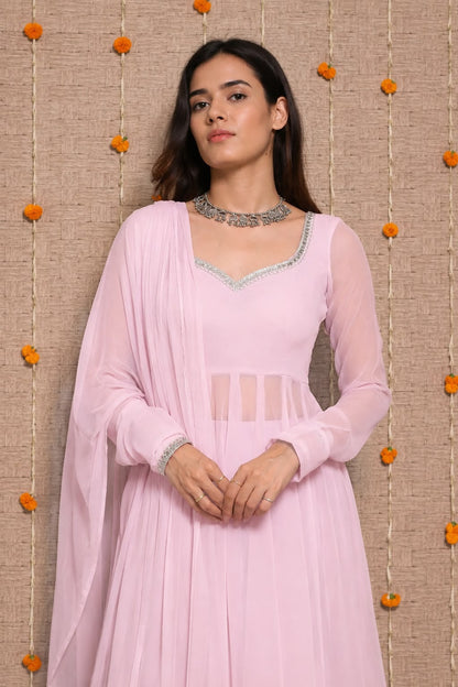 Georgette Mirror Lace Gown Palazzo Dupatta Set – Fully Stitched