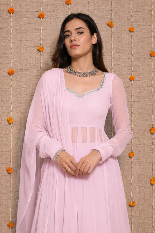 Georgette Mirror Lace Gown Palazzo Dupatta Set – Fully Stitched