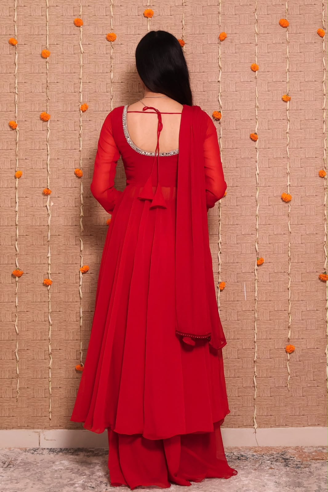 Georgette Mirror Lace Gown Palazzo Dupatta Set – Fully Stitched