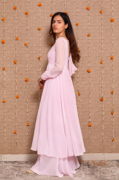 Georgette Mirror Lace Gown Palazzo Dupatta Set – Fully Stitched