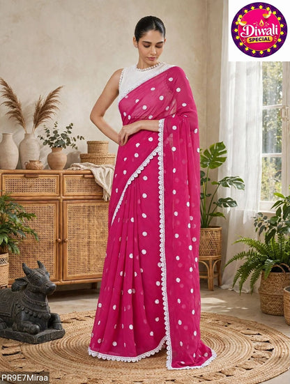 Georgette Saree with White Thread Embroidery and Art Silk Blouse