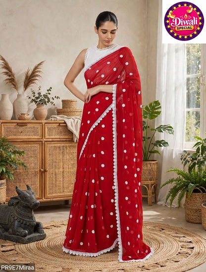 Georgette Saree with White Thread Embroidery and Art Silk Blouse