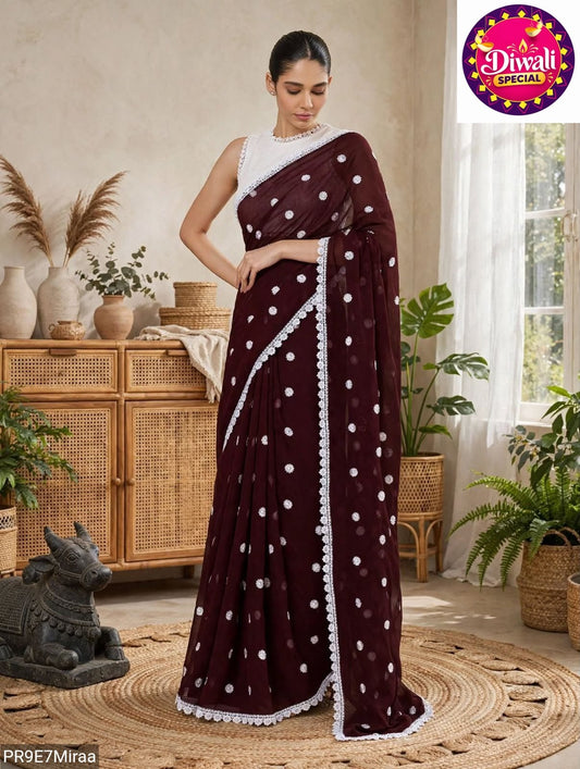 Georgette Saree with White Thread Embroidery and Art Silk Blouse