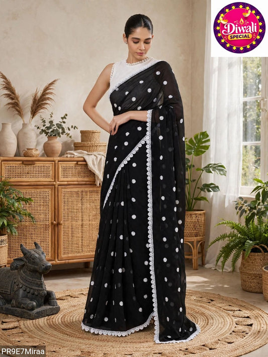 Georgette Saree with White Thread Embroidery and Art Silk Blouse
