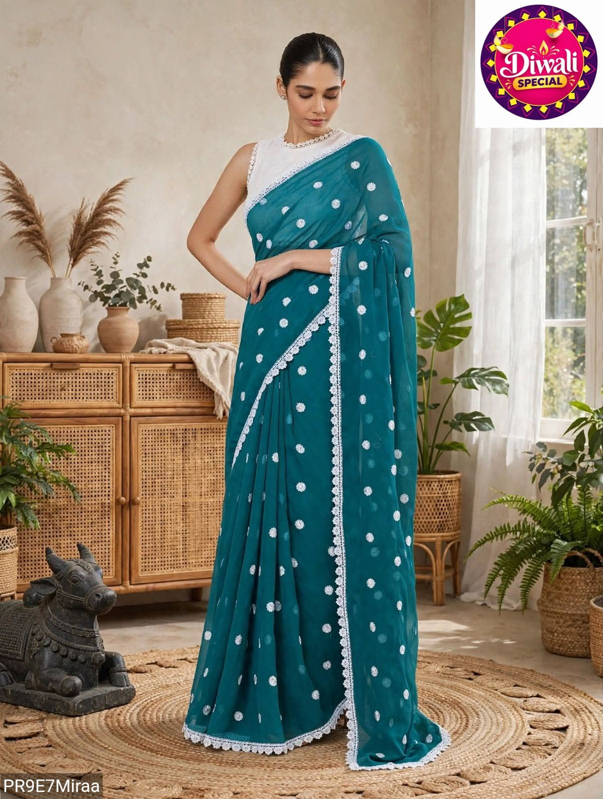 Georgette Saree with White Thread Embroidery and Art Silk Blouse