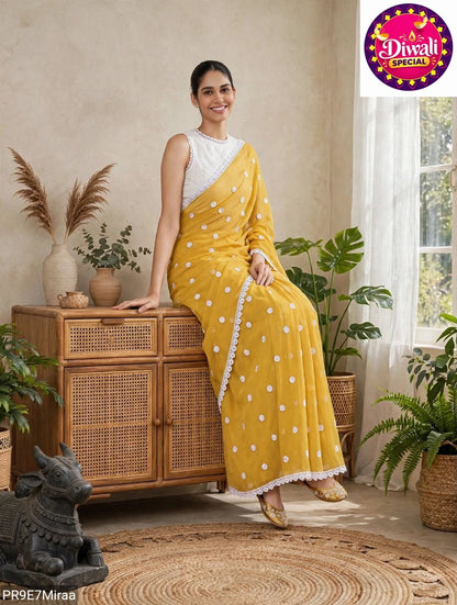 Georgette Saree with White Thread Embroidery and Art Silk Blouse
