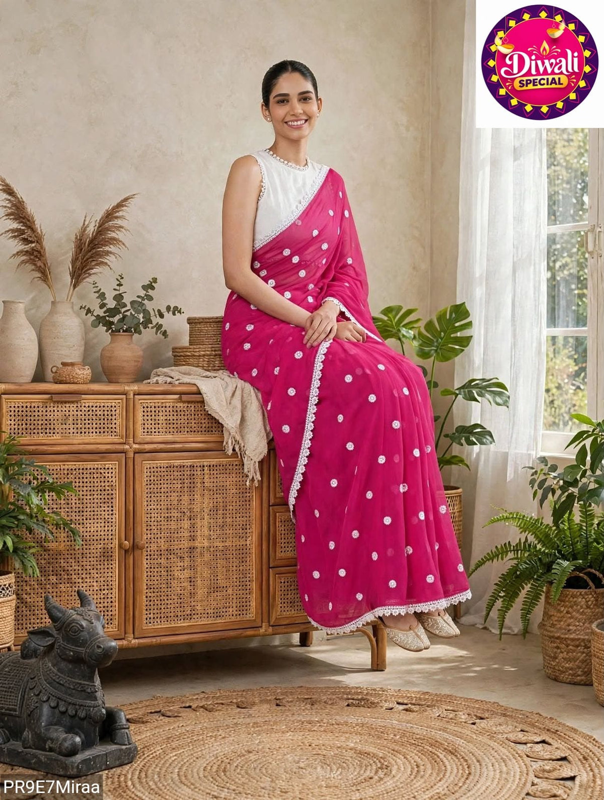 Georgette Saree with White Thread Embroidery and Art Silk Blouse