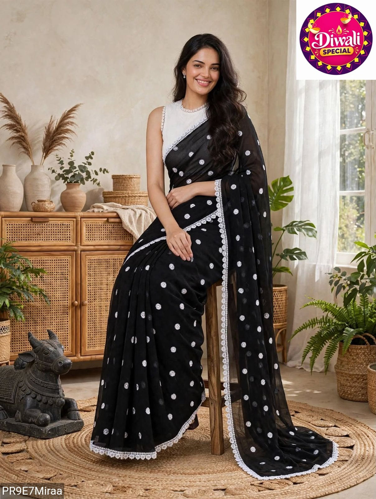 Georgette Saree with White Thread Embroidery and Art Silk Blouse