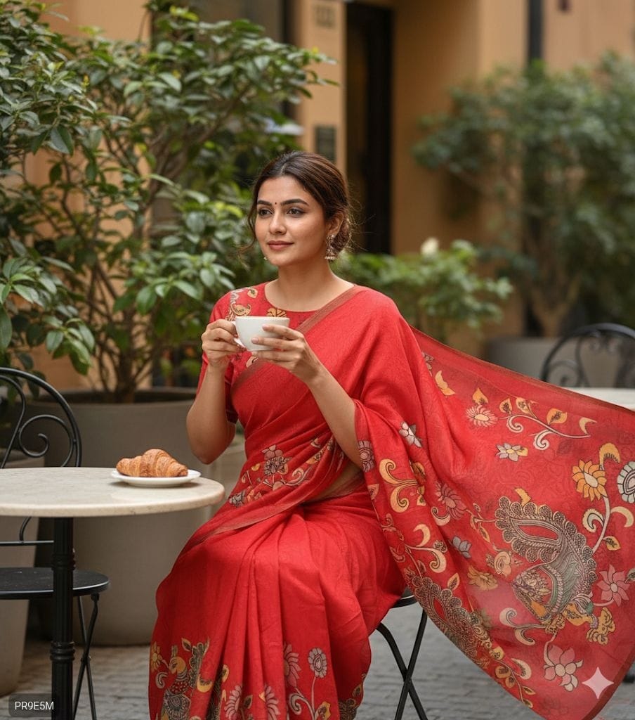 Gold Chanderi Kalamkari Blooming Saree with Peacock Digital Print & Tassels