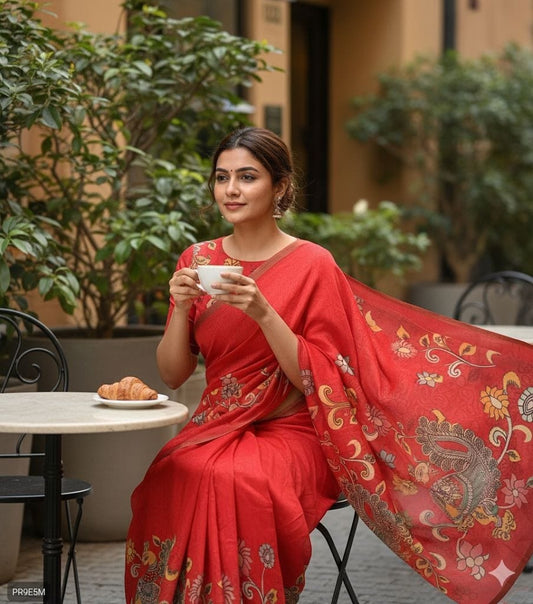 Gold Chanderi Kalamkari Blooming Saree with Peacock Digital Print & Tassels