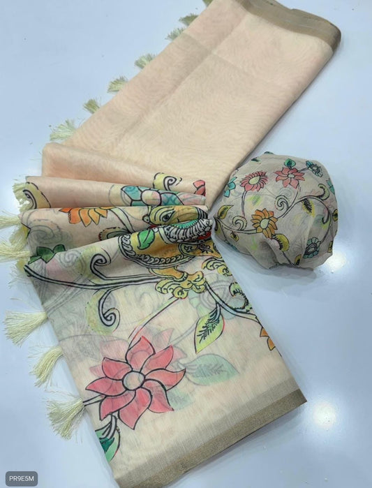 Gold Chanderi Kalamkari Blooming Saree with Peacock Digital Print & Tassels