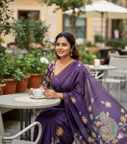 Gold Chanderi Kalamkari Blooming Saree with Peacock Digital Print & Tassels