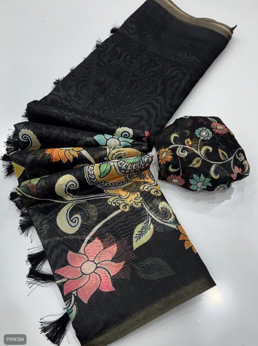 Gold Chanderi Kalamkari Blooming Saree with Peacock Digital Print & Tassels