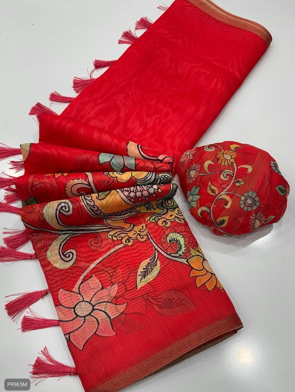 Gold Chanderi Kalamkari Blooming Saree with Peacock Digital Print & Tassels