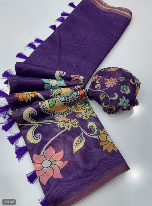 Gold Chanderi Kalamkari Blooming Saree with Peacock Digital Print & Tassels