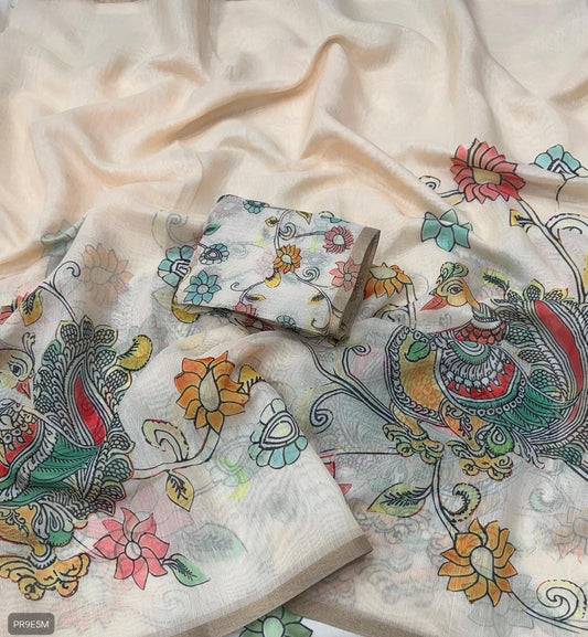 Gold Chanderi Kalamkari Blooming Saree with Peacock Digital Print & Tassels