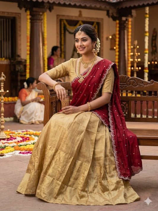 Golden Kanchipuram Banarasi Tissue Silk Half Saree
