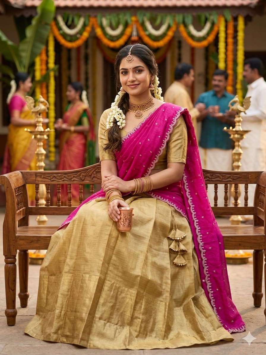 Golden Kanchipuram Banarasi Tissue Silk Half Saree