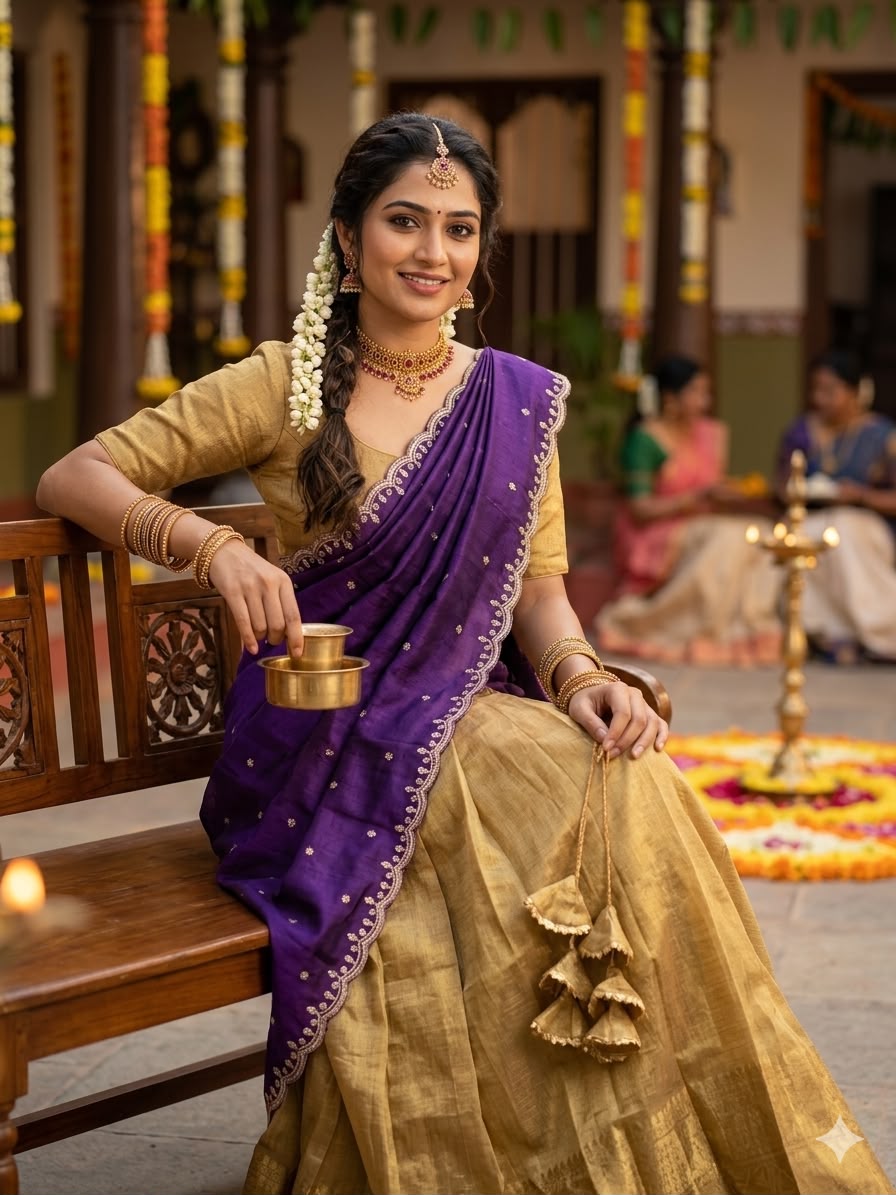 Golden Kanchipuram Banarasi Tissue Silk Half Saree