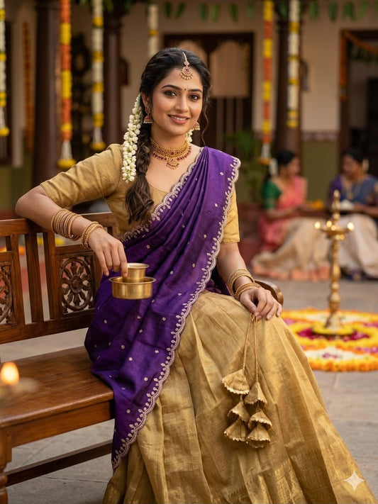 Golden Kanchipuram Banarasi Tissue Silk Half Saree