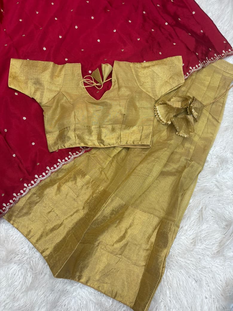 Golden Kanchipuram Banarasi Tissue Silk Half Saree