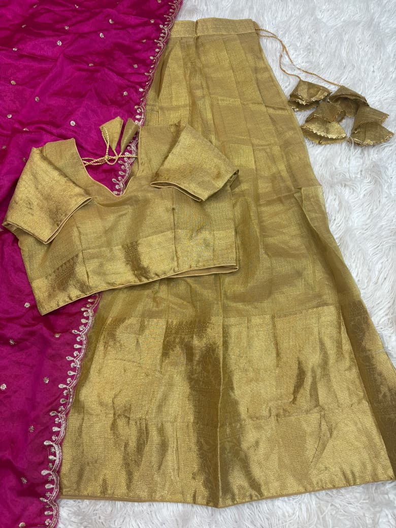 Golden Kanchipuram Banarasi Tissue Silk Half Saree