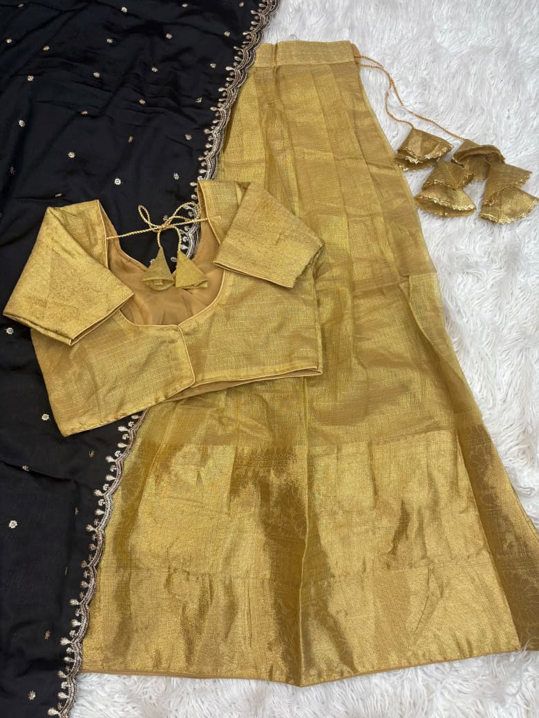 Golden Kanchipuram Banarasi Tissue Silk Half Saree