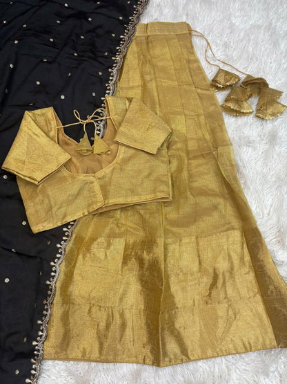 Golden Kanchipuram Banarasi Tissue Silk Half Saree