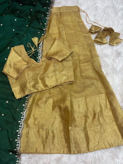 Golden Kanchipuram Banarasi Tissue Silk Half Saree
