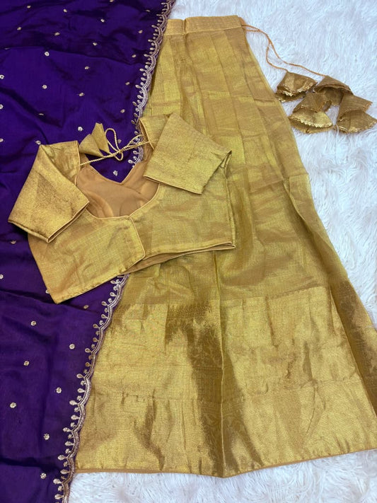Golden Kanchipuram Banarasi Tissue Silk Half Saree
