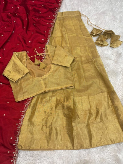 Golden Kanchipuram Banarasi Tissue Silk Half Saree