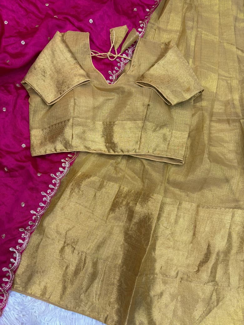 Golden Kanchipuram Banarasi Tissue Silk Half Saree
