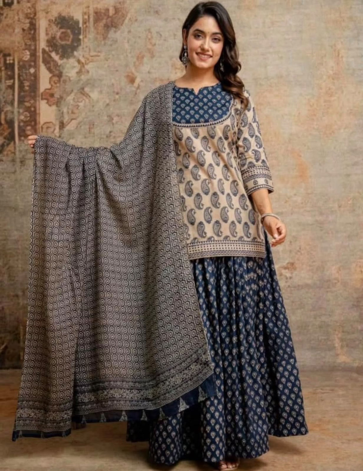 Gopi Dress in Cotton 60×60 with Printed Flared Skirt & Dupatta