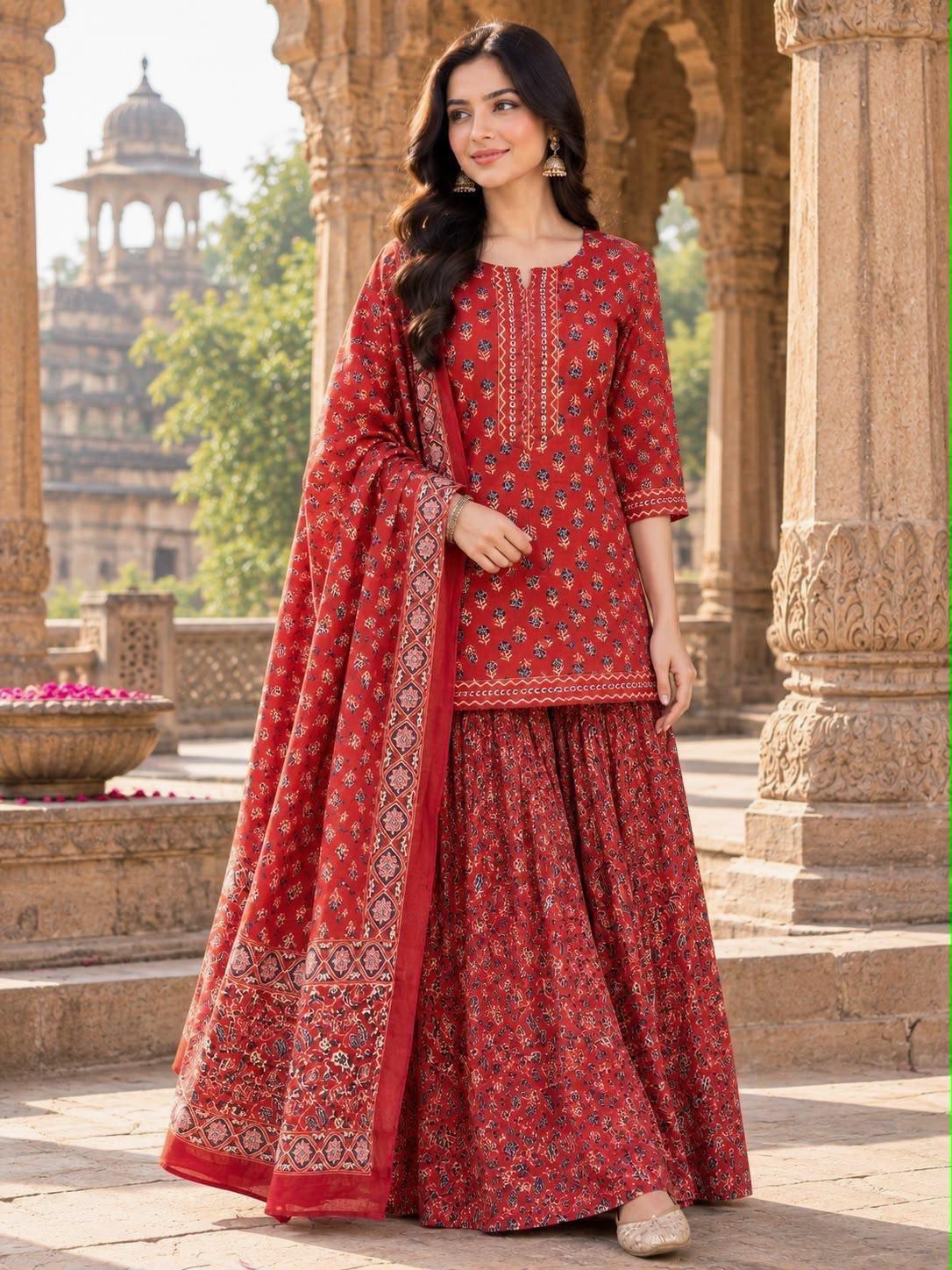 Gopi Dress in Cotton 60×60 with Printed Flared Skirt & Dupatta