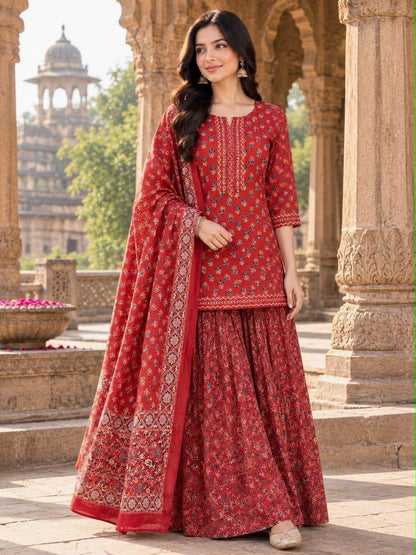 Gopi Dress in Cotton 60×60 with Printed Flared Skirt & Dupatta