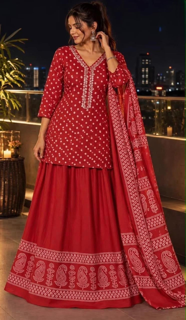 Gopi Dress in Cotton 60×60 with Printed Flared Skirt & Dupatta