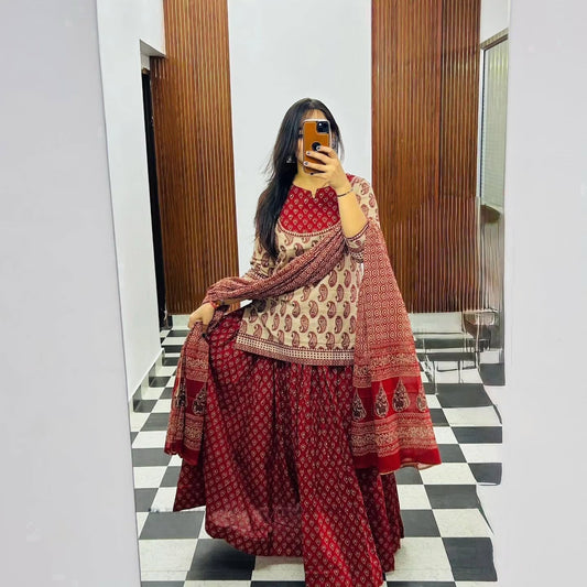Gopi Dress in Cotton 60×60 with Printed Flared Skirt & Dupatta