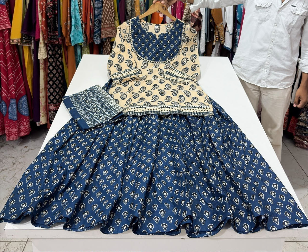 Gopi Dress in Cotton 60×60 with Printed Flared Skirt & Dupatta