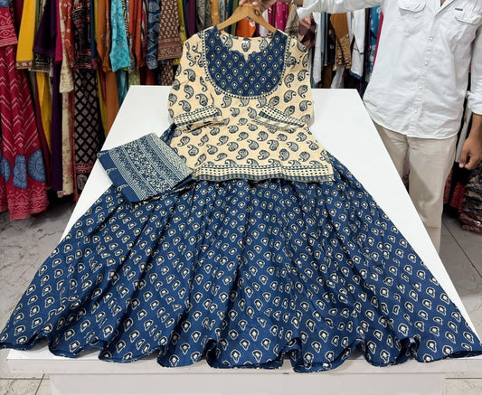 Gopi Dress in Cotton 60×60 with Printed Flared Skirt & Dupatta