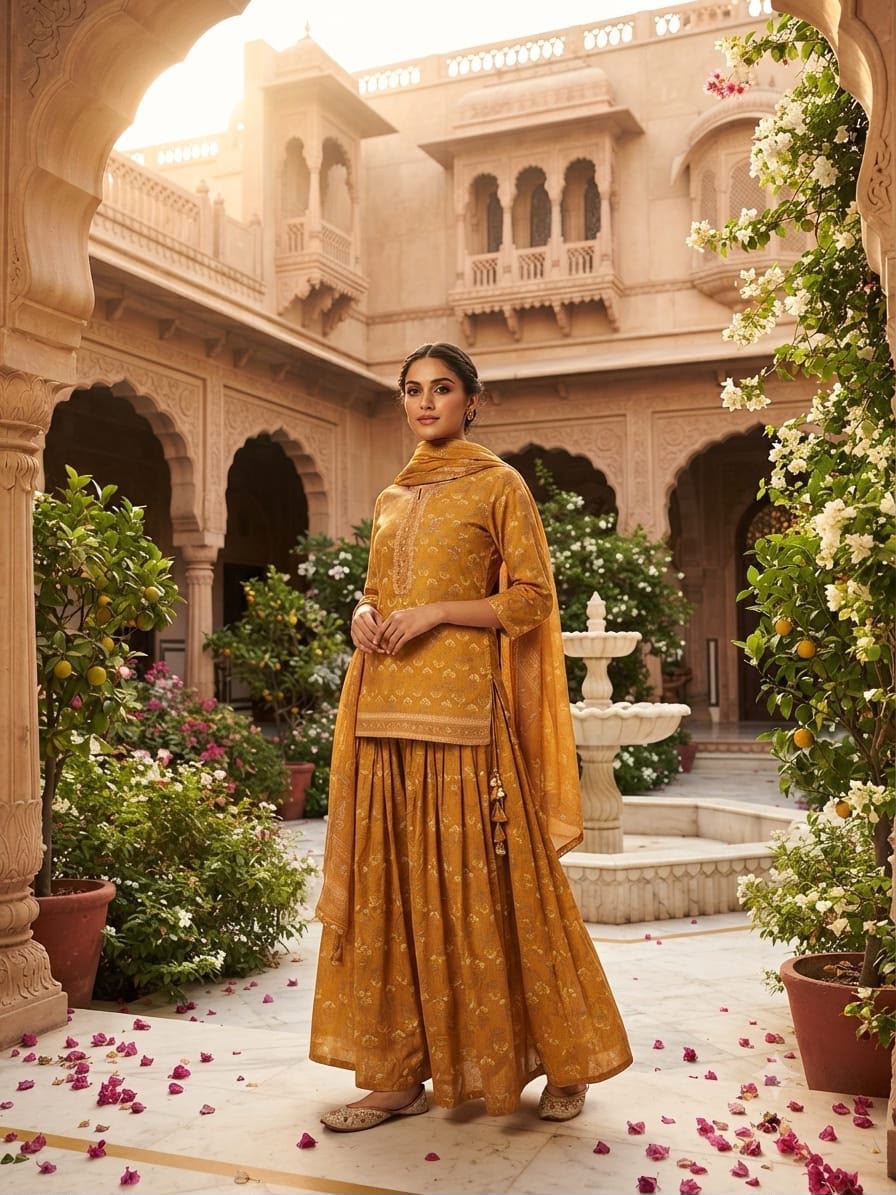 Gopi Style Cotton Kurti Skirt Set with Printed Dupatta