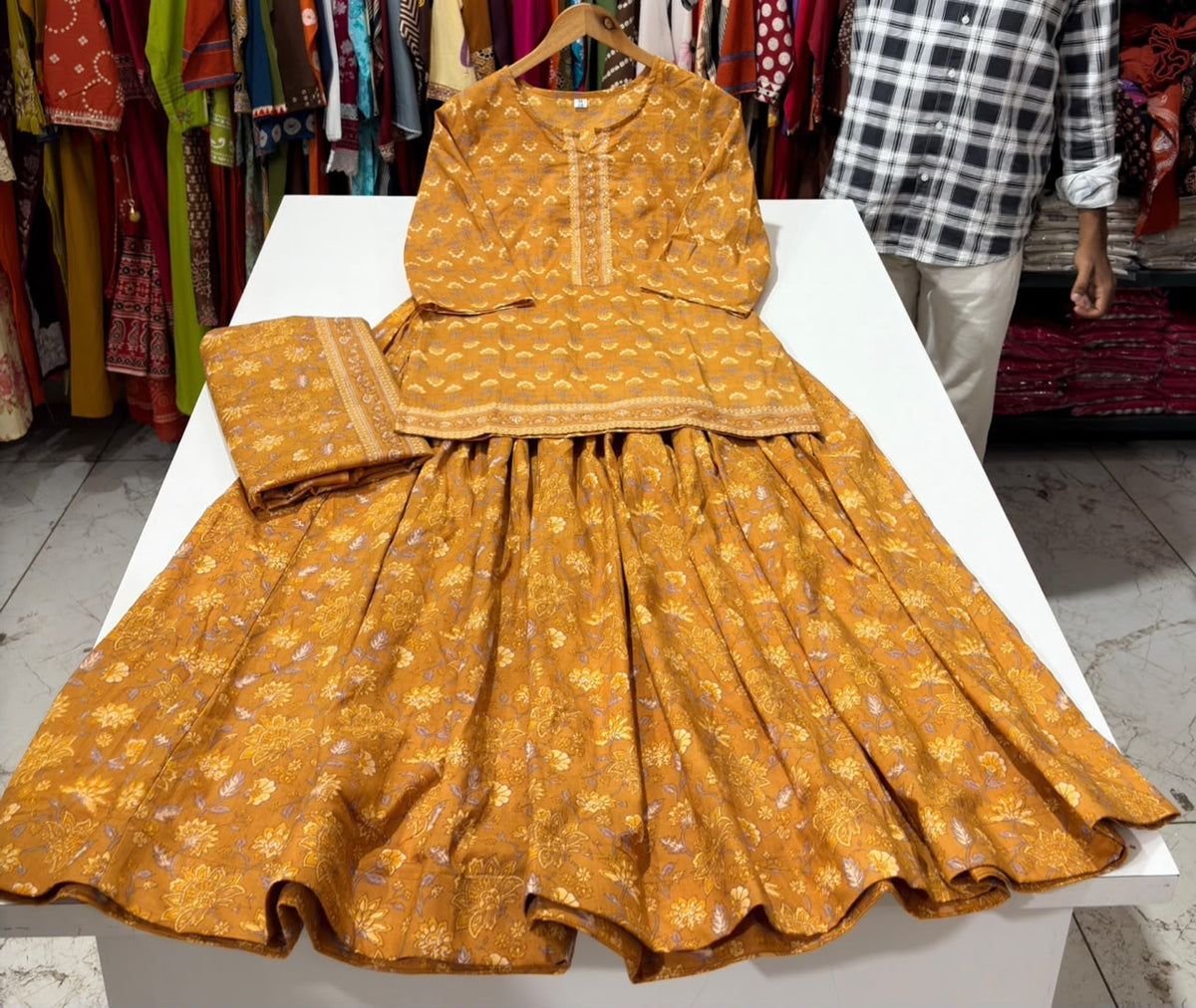 Gopi Style Cotton Kurti Skirt Set with Printed Dupatta