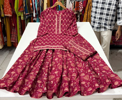 Gopi Style Cotton Kurti Skirt Set with Printed Dupatta